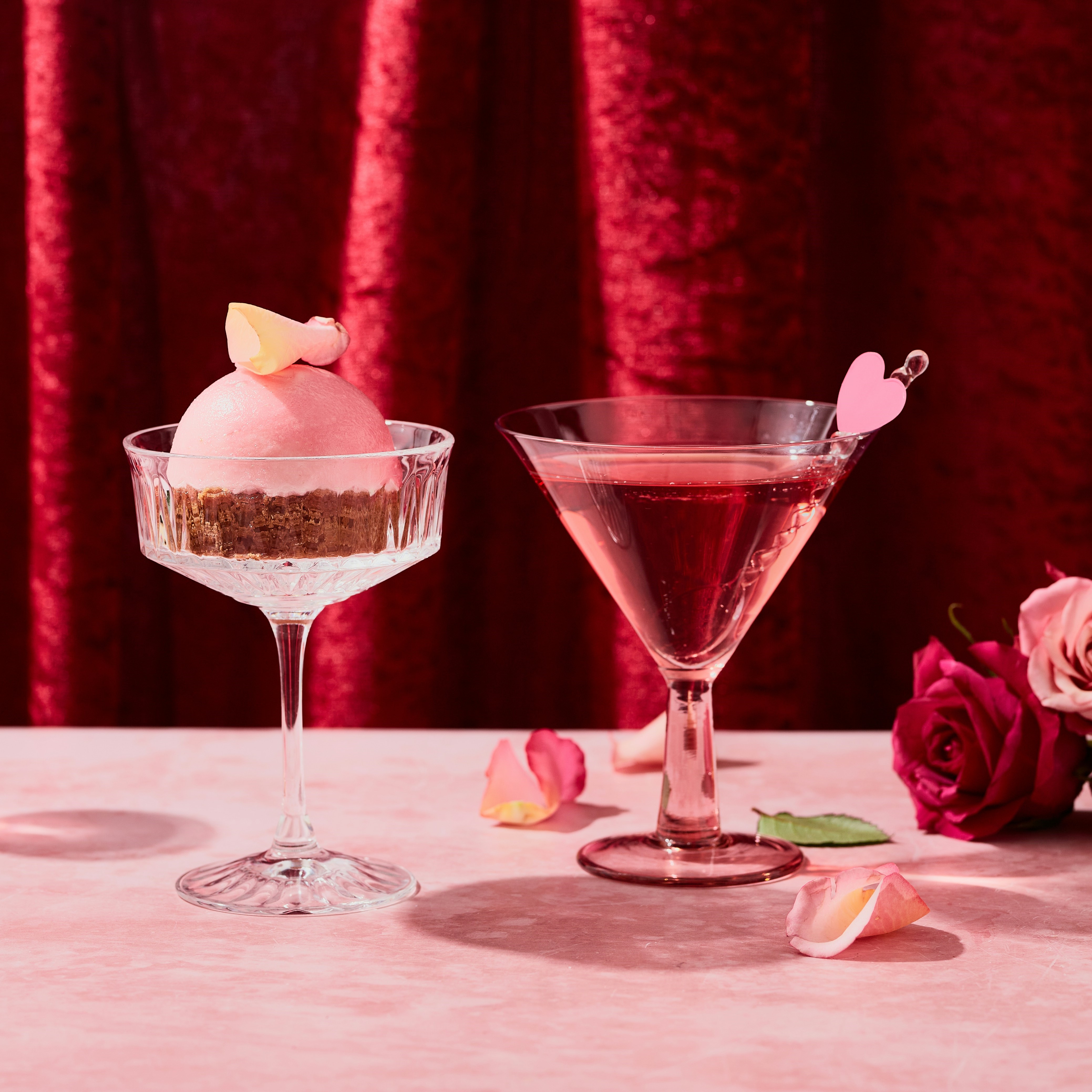 Images of pink cocktail and dessert for Galentine's Day Celebration